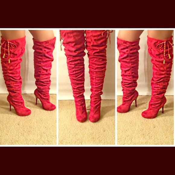 Red suede knee high slouchy boots