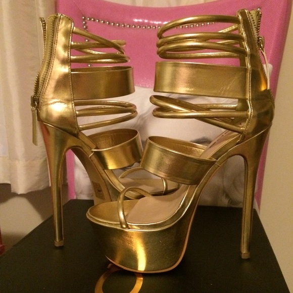 bebe Shoes - Gold Bebe "Daniella" Strappy Pumps