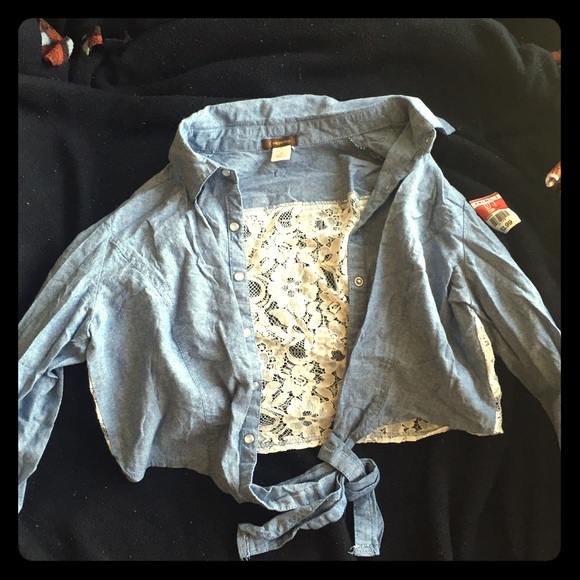 Lace and blue cut off tie shirt