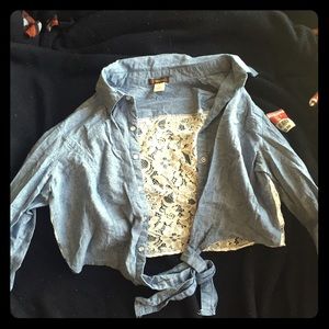 Lace and blue cut off tie shirt