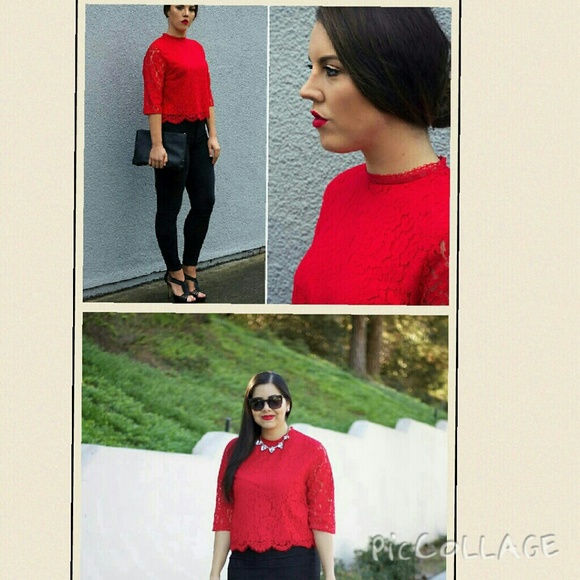 H&m Red Lace 3/4 CT sleeve blouse