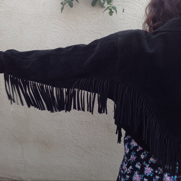 Black leather suede fringe jacket