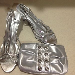 Silver heels & matching handbag