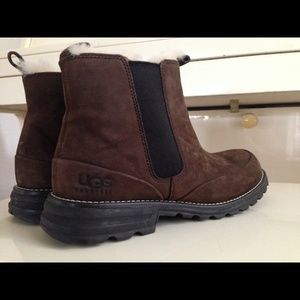 Ugg boots, suede outer and sheepskin inner.