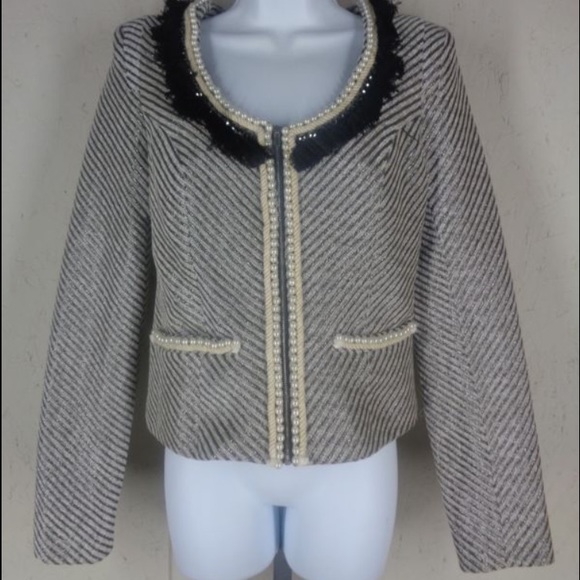 ARYN K FITTED TWEED JACKET WITH BEADED PEARL TRIM - Picture 2 of 4