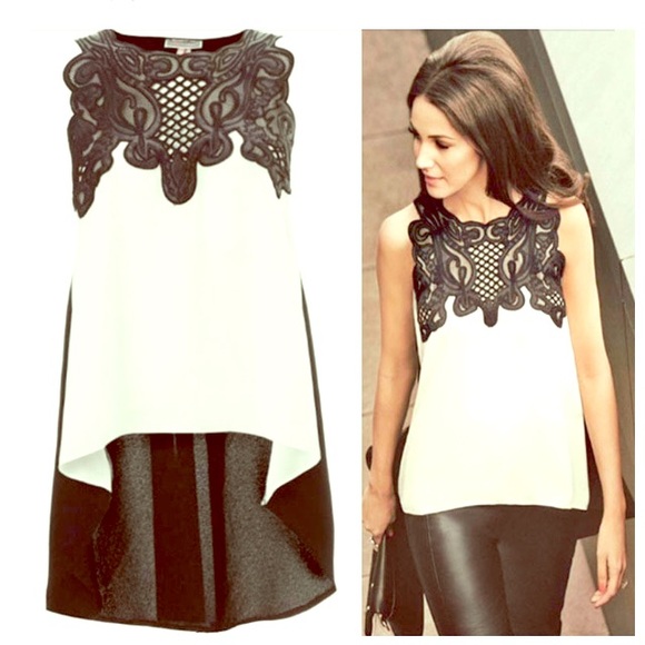 White hi/lo white tank with black lace