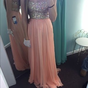 Peach and gold prom dress