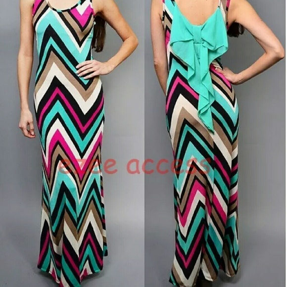 New Chevron long maxi dress summer sun beach bow - Picture 2 of 4