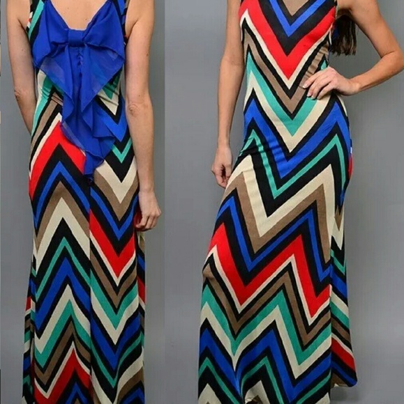 New Chevron long maxi dress summer sun beach bow - Picture 3 of 4