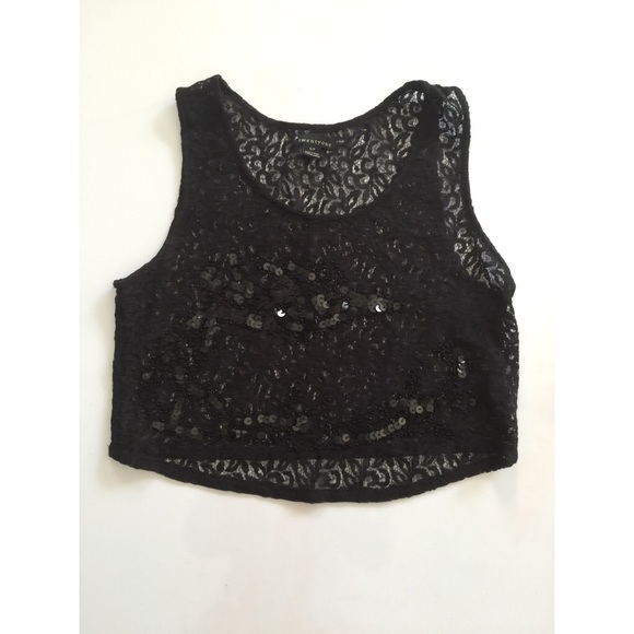 Black Sheer Lace Crop Top with Sequin Detail
