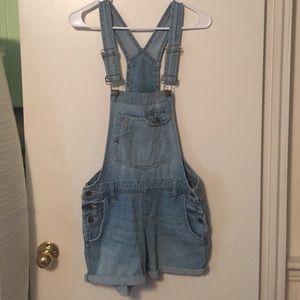 Light denim overall shorts.