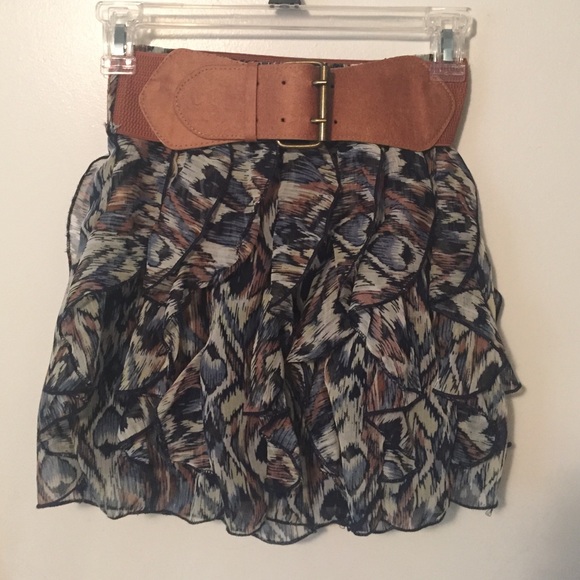Blue, brown, and white colored ruffle skirt