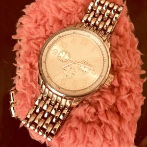 Women's Rose gold watch & coral jewelry bag