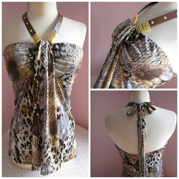 Venus Tops - VENUS Animal Print Leather & Gold Halter Top M/L
