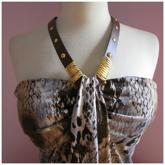 VENUS Animal Print Leather & Gold Halter Top M/L - Picture 2 of 4