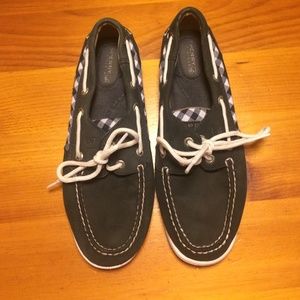 Navy blue and white Sperry topsiders