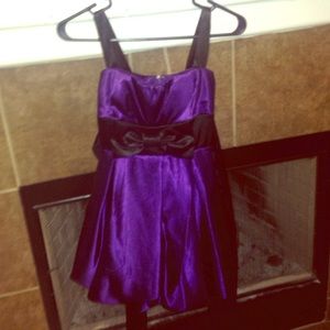 Purple satin evening, short skirted dress