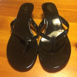 Black shiny/cork wedge sandals