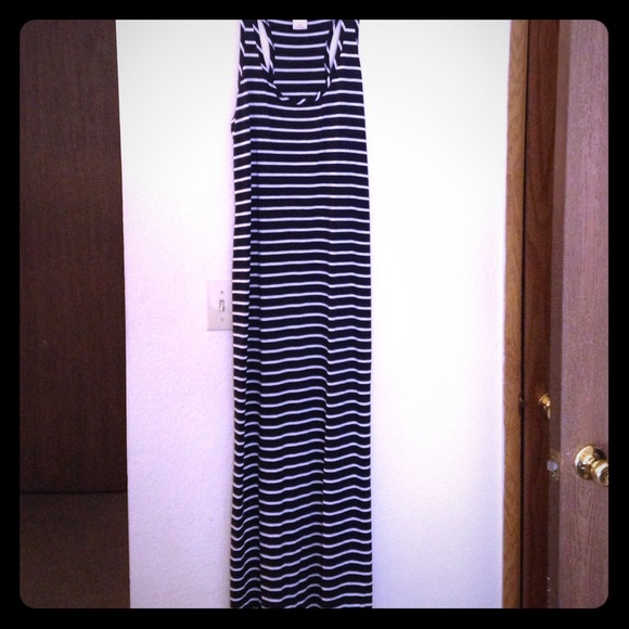 Navy blue and white striped maxi dress.