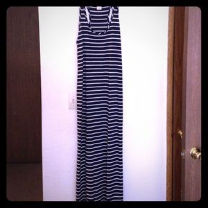 Navy blue and white striped maxi dress.