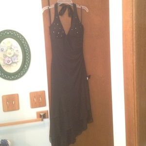 Asymmetrical halter style black dress