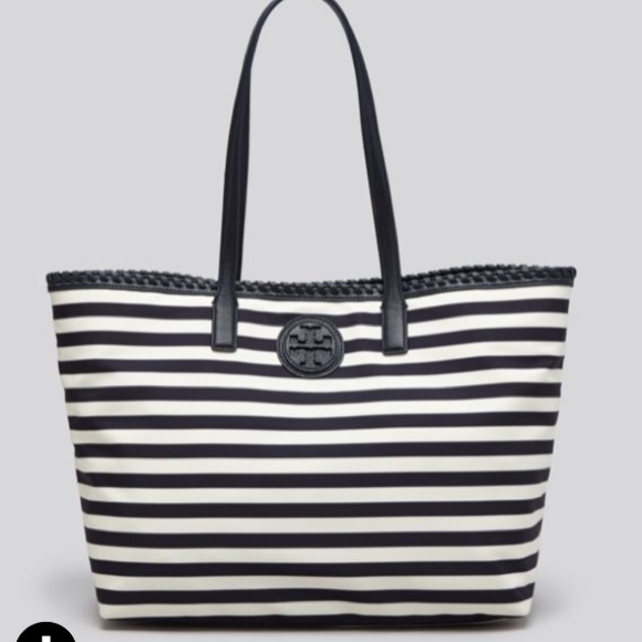 Tory Burch Handbags - Tory Burch Marion stripped Nylon Leather Tote