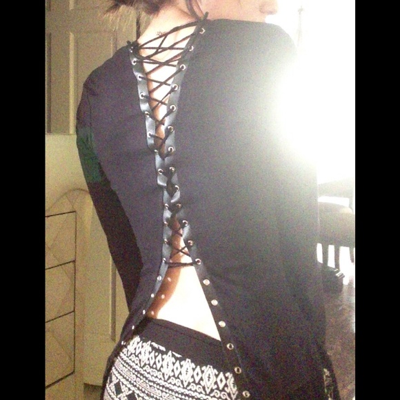 Bebe fringed black top with corset back