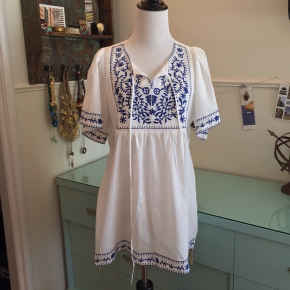 White boho shirt with blue embroidery