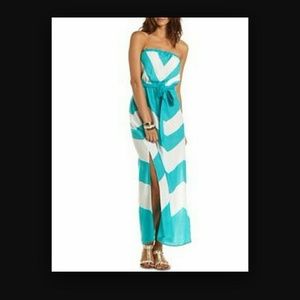 Teal and white strapless  chevron  long dress