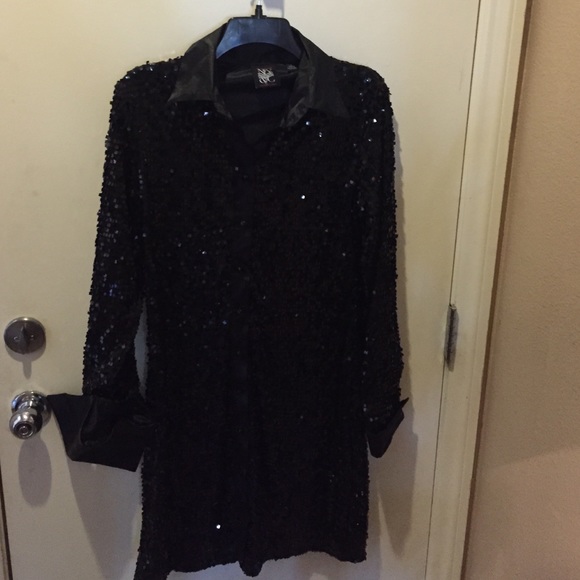 New York Company Dresses Black Sequin Button Down Dress