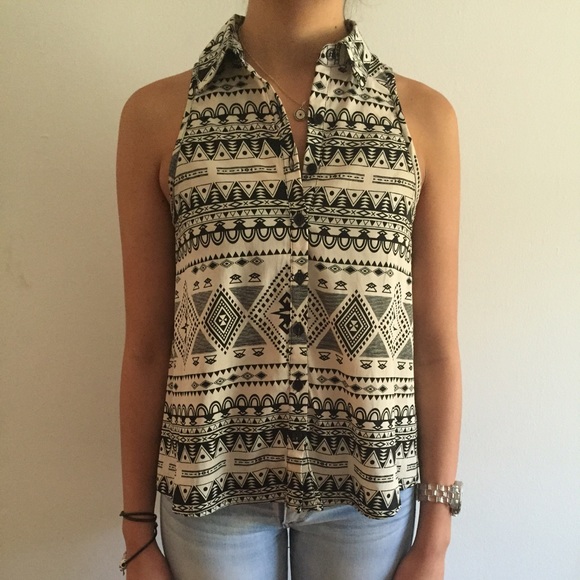 Tribal print button up tank with lace back