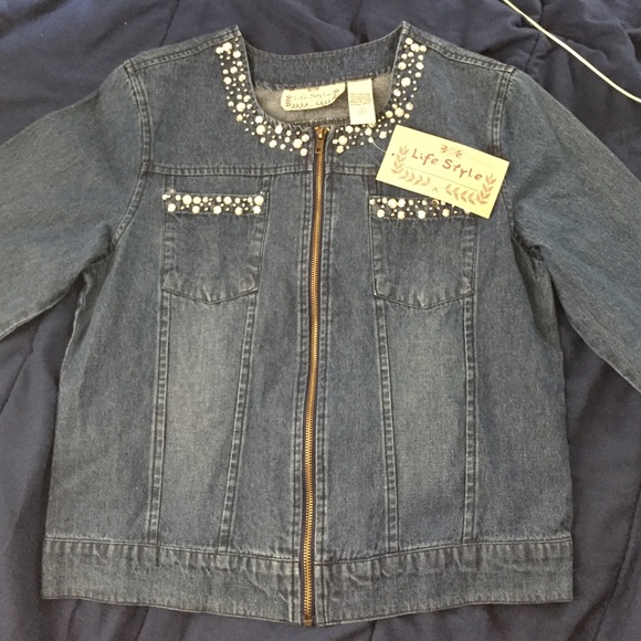 Life Style Pearl Embellished Blue Jean Jacket