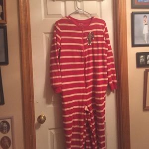 Red white stripes footie pajamas sock monkey