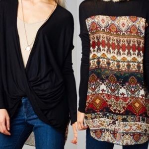 Black Print Twisted Front Top