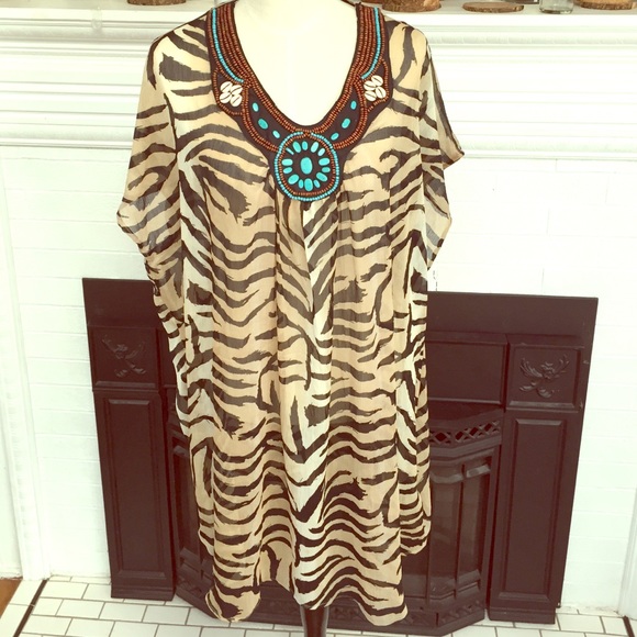 Tiger print beach cover up/ beaded turquoise