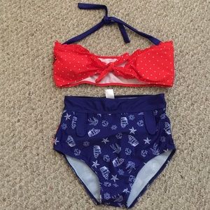 Nautical hi-waisted two piece swim suit