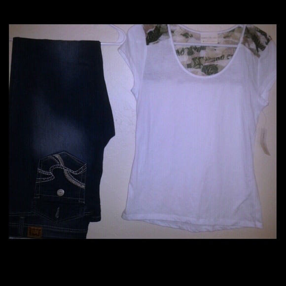 Denim jeans and white shirt with camo lace in back