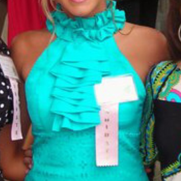 Baby blue, ruffled neck dress