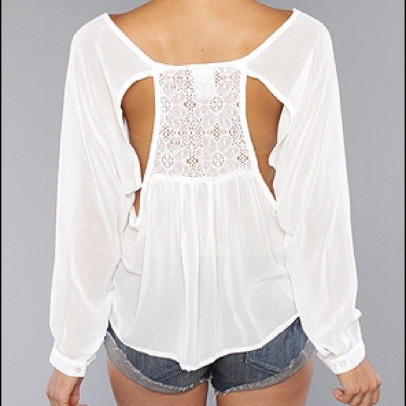 LF Tops - Crochet Back Peek-A-Boo Chiffon Blouse