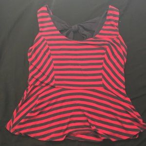 navy blue and red striped top