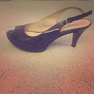 Black patent leather slingback heels