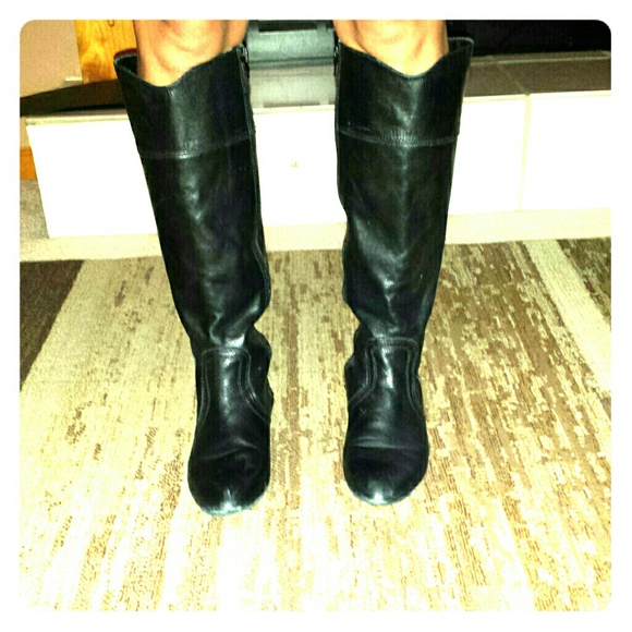 Black leather wedge boots