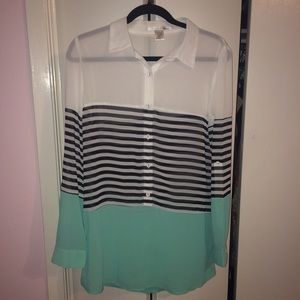 Ellison white, black, and turquoise sheer blouse