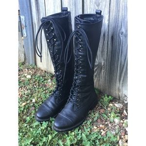 Black Lace Up Knee High Boots