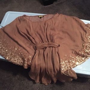 Brown Sequined Bell Sleeve Blouse- Size Large