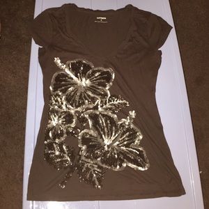 Express Grey Sequined Floral Design V-Neck T-Shirt