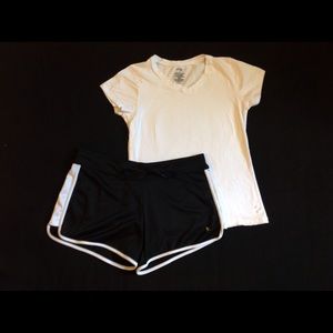 Danskin Now white work out T and black shorts