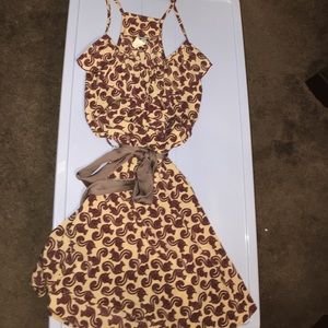 Purple patterned Dress with Satin Waist Tie