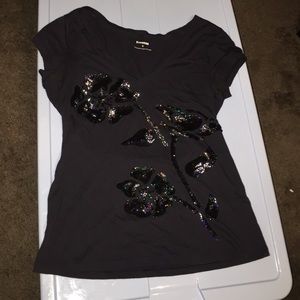 Express Navy Blue Sequined Design V-neck