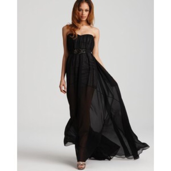 Bcbg sheer belted strapless gown.